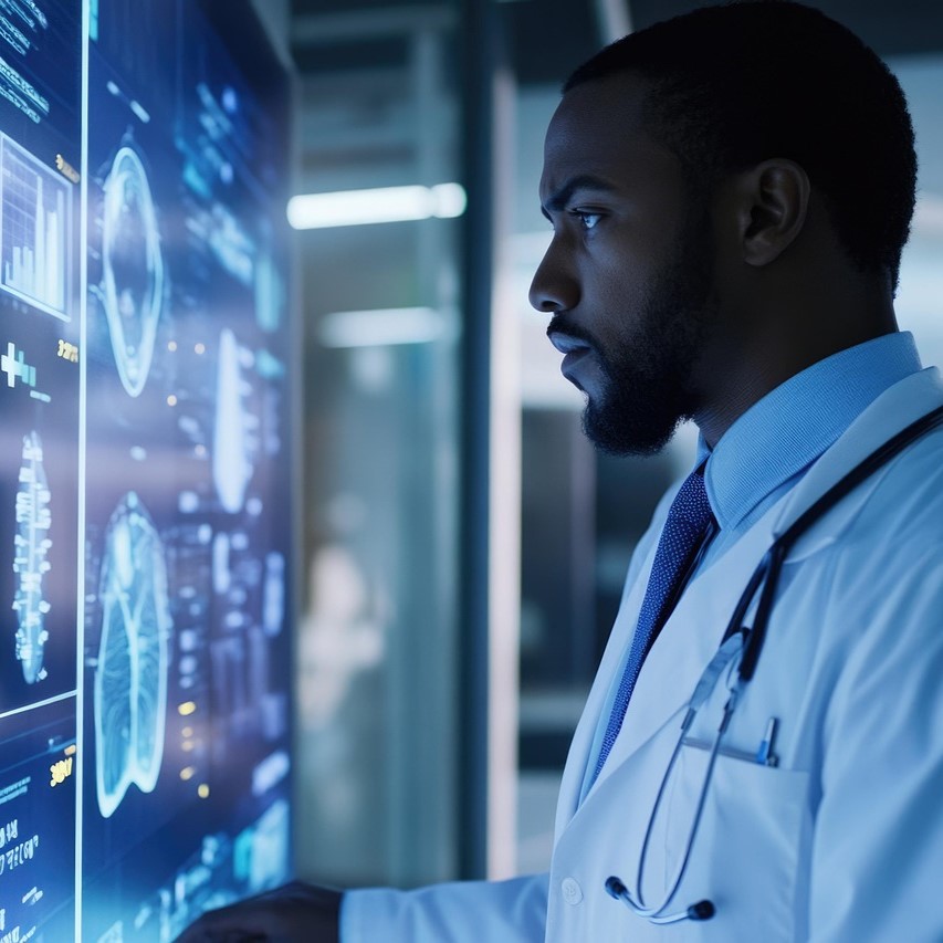 A clinician examines a large digital screen