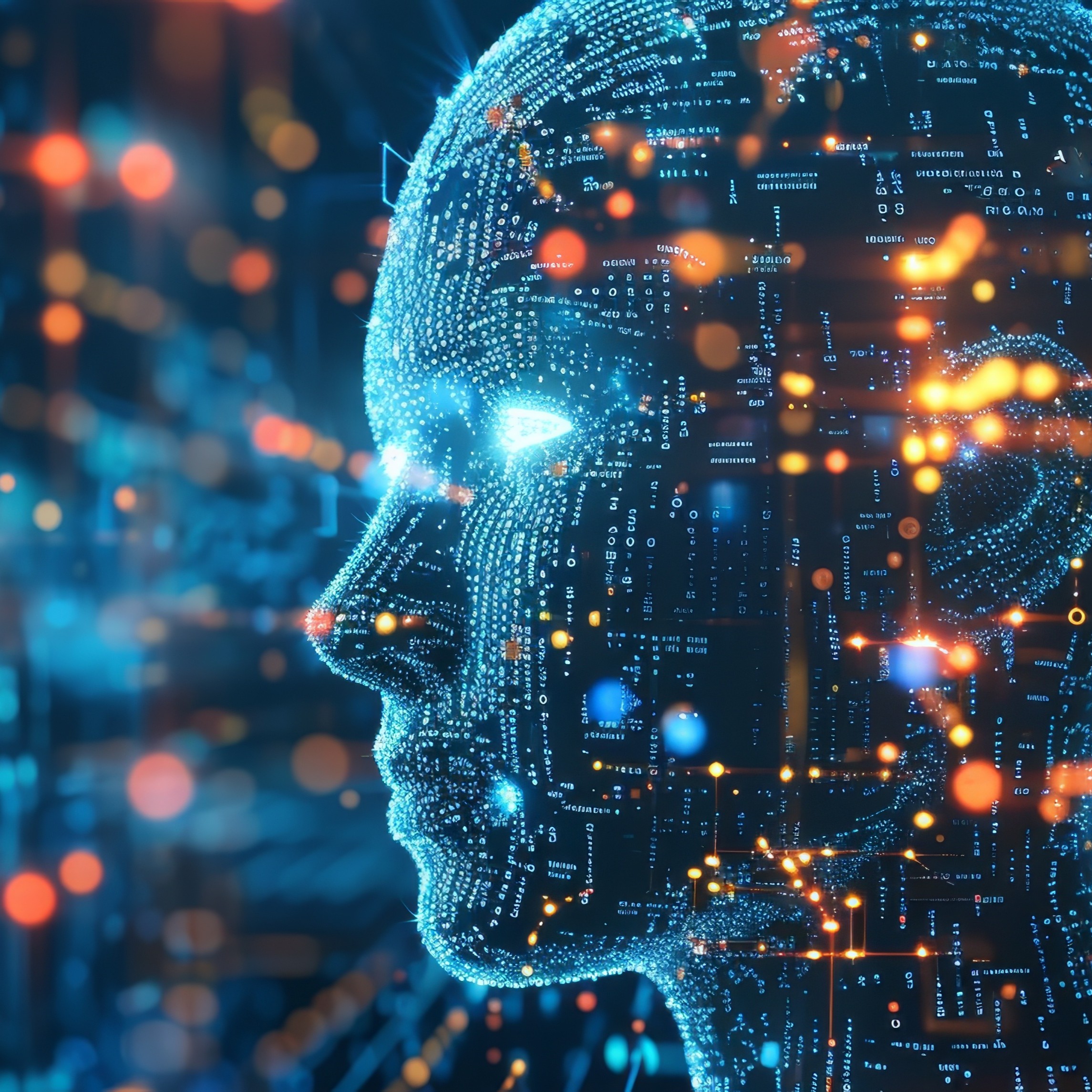 Image of a human face that was constructed with lines of computer code