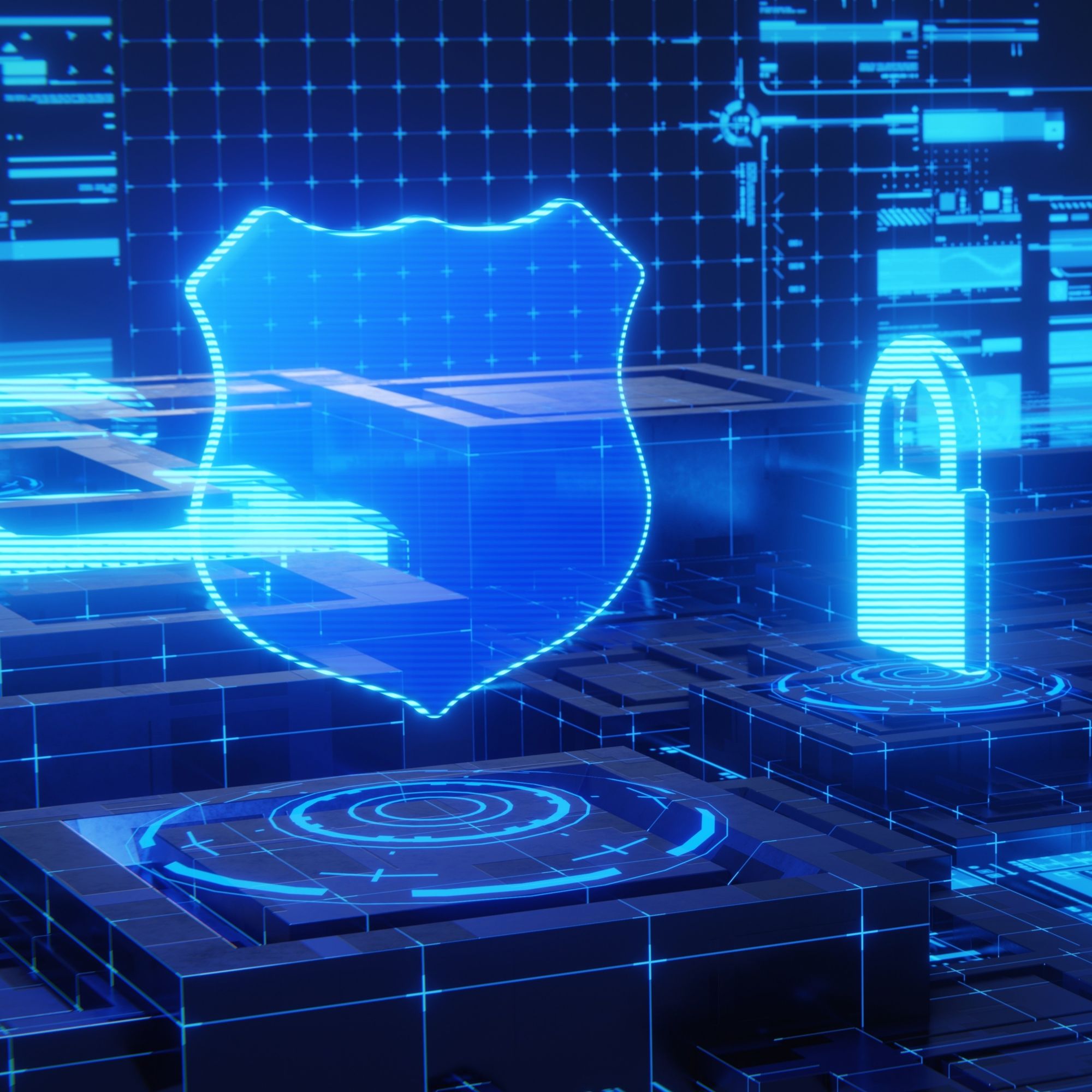 A computer screen projects a visual concept of cybersecurity