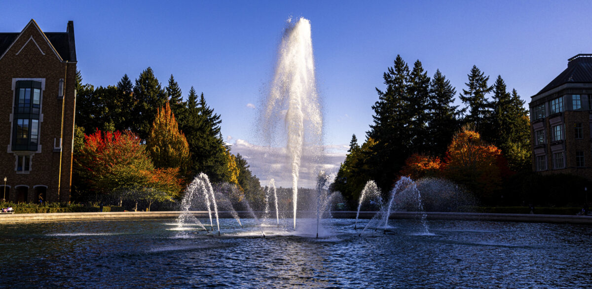 Drumheller Fountain is pictured spraying water into the air on an autumn day